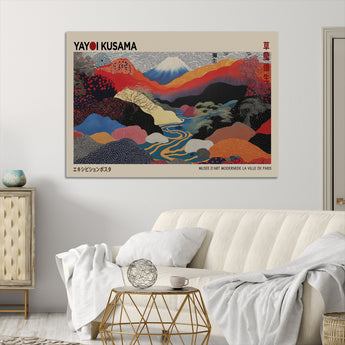 49228-MGV-FC-93X47-3P_Black-Kusama Wall Art – Vibrant Japanese Landscape Canvas Print, Modern Abstract Mountain and River Decor for Living Room, Office or Art