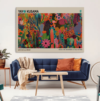 40791-MGV-CV-36X24-Kusama Inspired Wall Art – Vibrant Abstract Floral Jungle Canvas Print, Bold Pop Art Botanical Decor for Living Room, Bedroom, or