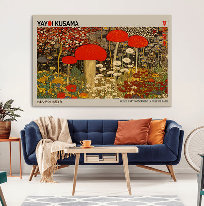 38013-MGV-CV-36X24-Yayoi Kusama Inspired Mushroom Garden Wall Art – Whimsical Botanical Canvas Print, Surreal Nature Poster, Fantasy Floral Artwork