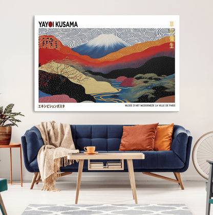 14839-MGV-CV-36X24-Yayoi Kusama Wall Art – Panoramic Mountain & River Canvas Print, Modern Abstract Japanese Landscape Decor for Living Room or