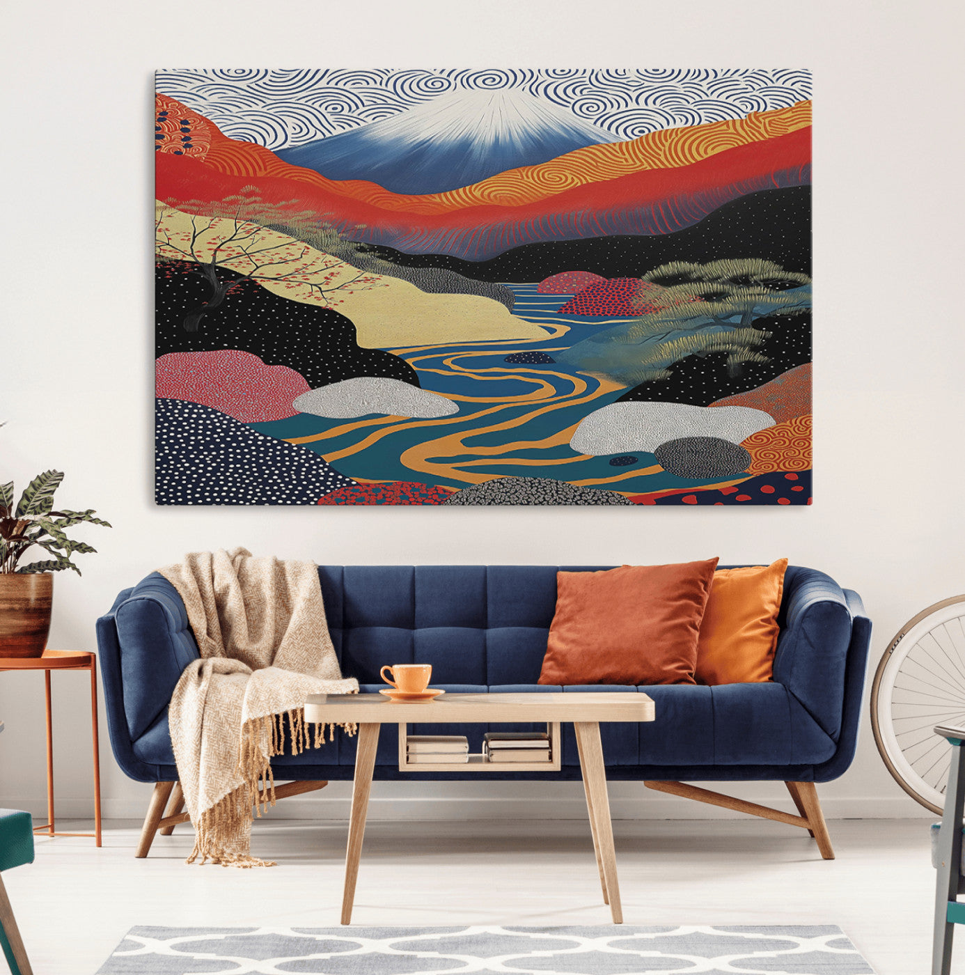 22313-MGV-CV-36X24-Yayoi Kusama Wall Art – Abstract Mount Fuji Landscape Canvas Print, Vibrant Japanese Nature Scene with River, Mountains and Sky