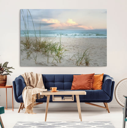 Test1001-MGV-CV-36X24-Coastal Beach Wall Art – Panoramic Ocean Waves and Sandy Dunes Canvas Print, Serene Seascape with Sea Oats for Relaxing Home or