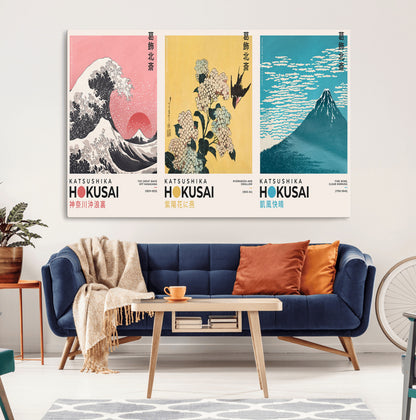 Katsushika-MGV-CV-36X24-Katsushika Hokusai Wall Art Set – The Great Wave, Hydrangea and Swallow, Fine Wind Canvas Prints, Japanese Ukiyo e Style Home and