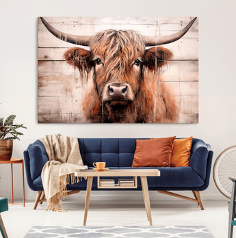 93730-MGV-CV-36X24-Scottish Cow Wall Art Canvas Print, Framed Longhorn Cow Art Picture Print, Highland Cattle Perfect Rustic Farmhouse Decor Artwork