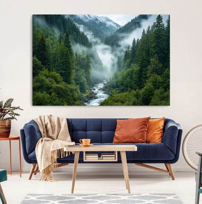 69453-MGV-CV-36X24-Mountain Forest Wall Art – Misty River and Evergreen Landscape Canvas Print, Nature Photography Poster for Living Room, Bedroom,