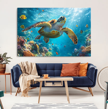 37623-MGV-CV-36X24-Sea Turtle Wall Art – Underwater Ocean Canvas Print with Coral Reef and Tropical Fish, Marine Life Painting Poster for Living