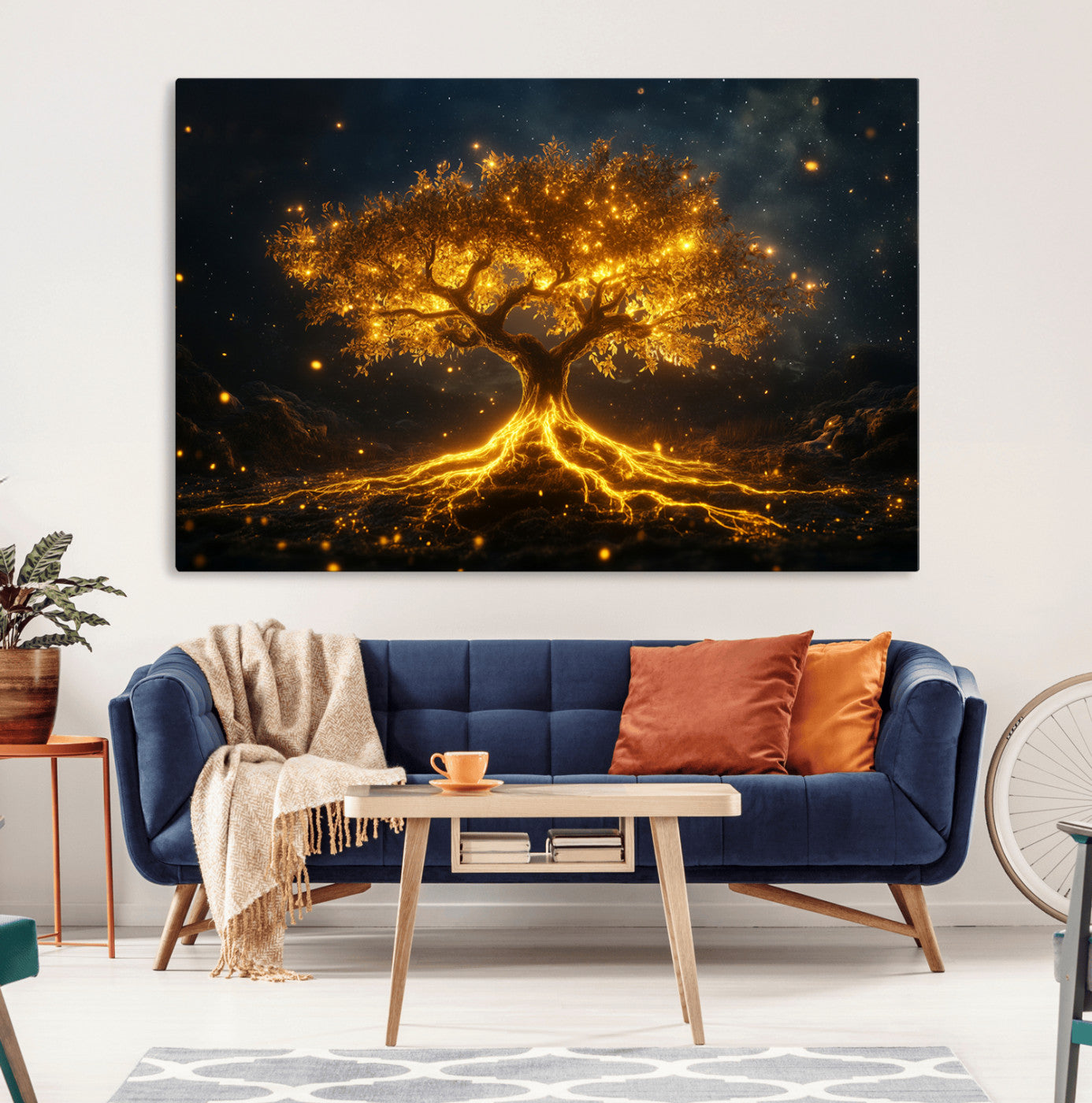 60194-MGV-CV-36X24-Glowing Tree Wall Art – Golden Roots Fantasy Canvas Print, Mystical Illuminated Tree Painting Poster for Living Room, Bedroom,