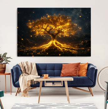60194-MGV-CV-36X24-Glowing Tree Wall Art – Golden Roots Fantasy Canvas Print, Mystical Illuminated Tree Painting Poster for Living Room, Bedroom,