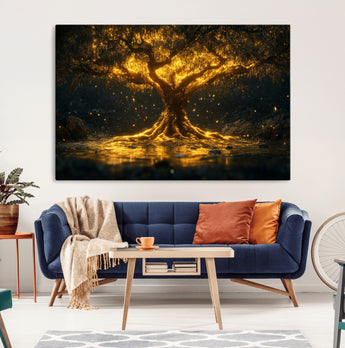 59580-MGV-CV-36X24-Glowing Tree Wall Art – Golden Fantasy Nature Canvas Print, Mystical Illuminated Tree Painting Poster for Living Room, Bedroom,