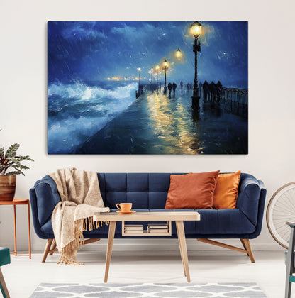 76572-MGV-CV-36X24-Stormy Night Pier Wall Art – Ocean Waves and Street Lamps Canvas Print, Rainy Seascape Oil Painting Poster for Living Room,