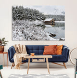 29975-MGV-CV-36X24-Winter Cabin by the Lake Wall Art – Snowy Mountain Landscape Canvas Print, Rustic Lodge Cabin Decor for Cozy Living Room, Bedroom