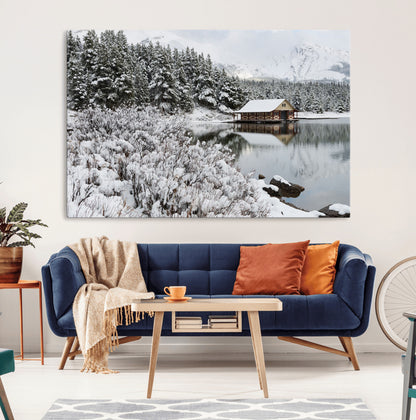 29975-MGV-CV-36X24-Winter Cabin by the Lake Wall Art – Snowy Mountain Landscape Canvas Print, Rustic Lodge Cabin Decor for Cozy Living Room, Bedroom