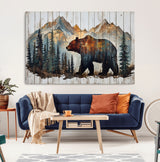 55777-MGV-CV-36X24-Rustic Bear Wall Art Canvas Print, Framed Mountain and Forest Art Picture Print, Wooden Bear Perfect Rustic Lodge Decor Artwork