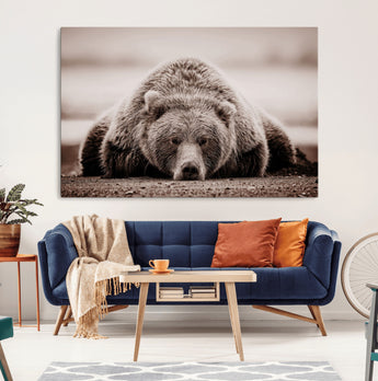 20611-MGV-CV-36X24-Grizzly Bear Wall Art – Majestic Wildlife Sepia Canvas Print, Rustic Nature Animal Artwork for Cabin, Lodge, Living Room, Bedroom,
