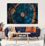 65231-MGV-CV-36X24-Blue and Gold Tree Ring Wall Art – Rustic Abstract Wood Slice Canvas Print, Modern Nature Inspired Artwork for Living Room,