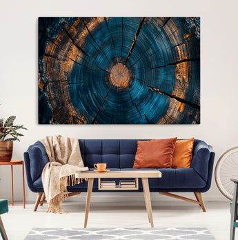 65231-MGV-CV-36X24-Blue and Gold Tree Ring Wall Art – Rustic Abstract Wood Slice Canvas Print, Modern Nature Inspired Artwork for Living Room,