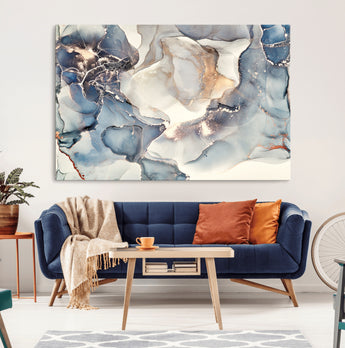51497-MGV-CV-36X24-Abstract Blue and Gold Wall Art – Modern Fluid Ink Style Canvas Print, Elegant Contemporary Decor for Living Room, Office