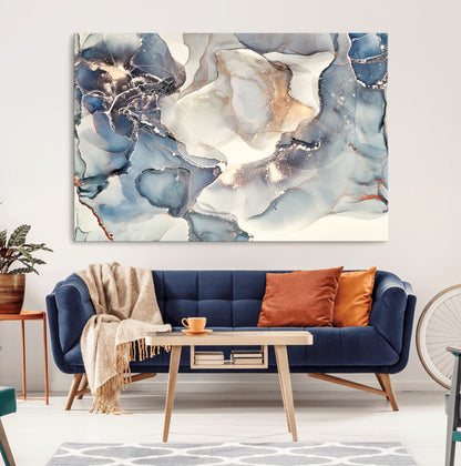51497-MGV-CV-36X24-Abstract Blue and Gold Wall Art – Modern Fluid Ink Style Canvas Print, Elegant Contemporary Decor for Living Room, Office