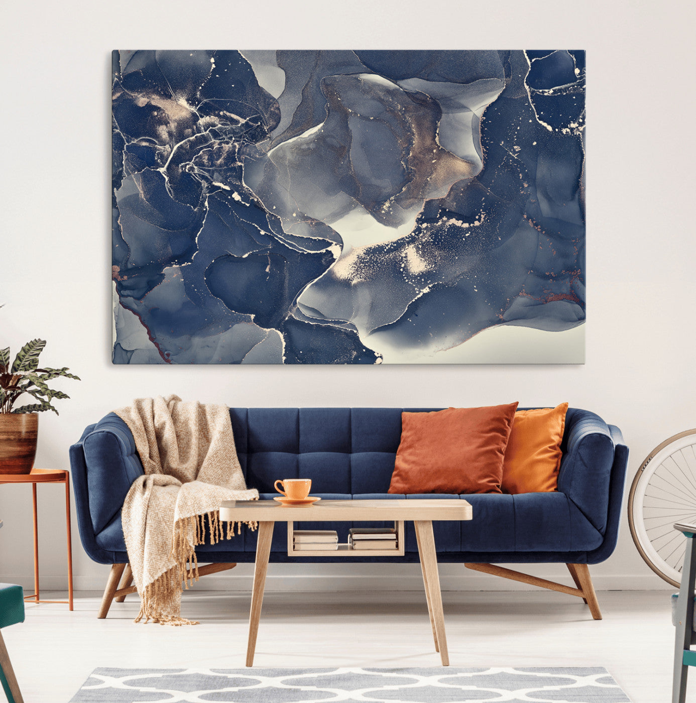 28282-MGV-CV-36X24-Blue Abstract Wall Art – Modern Ink Swirl Canvas Print, Contemporary Navy and Gold Painting for Living Room, Bedroom, Office or