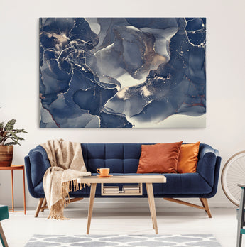 28282-MGV-CV-36X24-Blue Abstract Wall Art – Modern Ink Swirl Canvas Print, Contemporary Navy and Gold Painting for Living Room, Bedroom, Office or