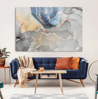 18176-MGV-CV-36X24-Abstract Fluid Wall Art – Modern Marble Ink Canvas Print with Blue, Gold, and Gray Tones, Contemporary Minimal Artwork Decor for