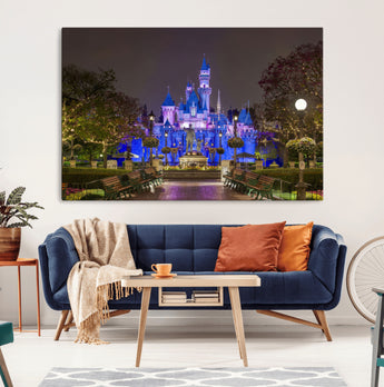 63560-MGV-CV-36X24-Fairy Tale Castle Wall Art – Magical Night Scene Canvas Print with Lights and Gardens, Fantasy Architecture Artwork for Living