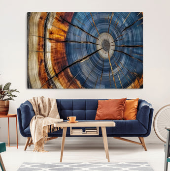 10583-MGV-CV-36X24-Tree Ring Wall Art – Abstract Wood Grain Canvas Print with Blue and Brown Tones, Nature Inspired Rustic Artwork for Living Room,