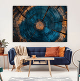 13398-MGV-CV-36X24-Tree Ring Wall Art – Abstract Wood Grain Canvas Print with Blue and Orange Accents, Rustic Nature Inspired Artwork for Living