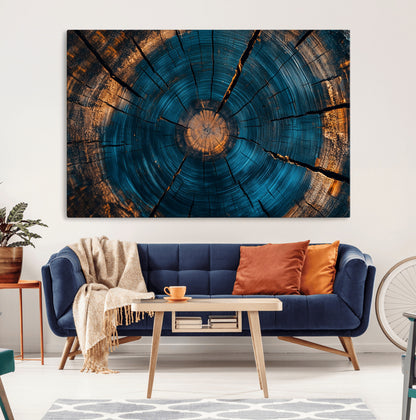 13398-MGV-CV-36X24-Tree Ring Wall Art – Abstract Wood Grain Canvas Print with Blue and Orange Accents, Rustic Nature Inspired Artwork for Living