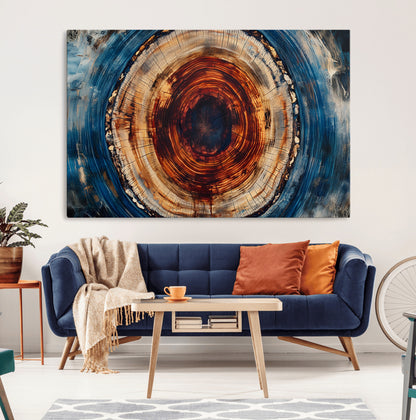 90395-MGV-CV-36X24-Tree Ring Wall Art – Abstract Wood Grain Canvas Print with Fiery Red and Blue Tones, Bold Rustic Nature Inspired Artwork Decor for