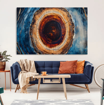 30457-MGV-CV-36X24-Tree Ring Wall Art – Abstract Wood Grain Canvas Print with Brown and Blue Swirl, Rustic Nature Inspired Artwork for Living Room,