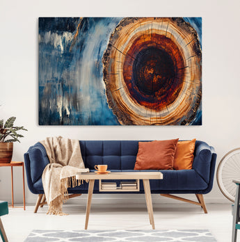 48045-MGV-CV-36X24-Tree Ring Abstract Wall Art – Rustic Wood Grain Canvas Print with Brown Center and Blue Brush Strokes, Nature Inspired Artwork for