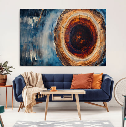 48045-MGV-CV-36X24-Tree Ring Abstract Wall Art – Rustic Wood Grain Canvas Print with Brown Center and Blue Brush Strokes, Nature Inspired Artwork for