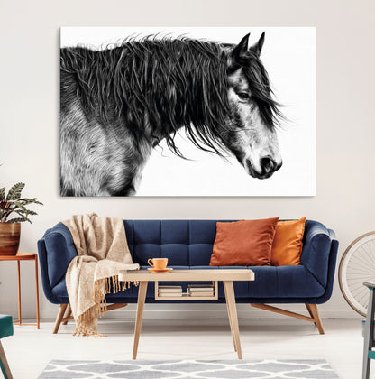 57694-MGV-CV-36X24-Horse Portrait Wall Art – Black and White Canvas Print with Detailed Stallion Profile, Rustic Farmhouse Equestrian Artwork for