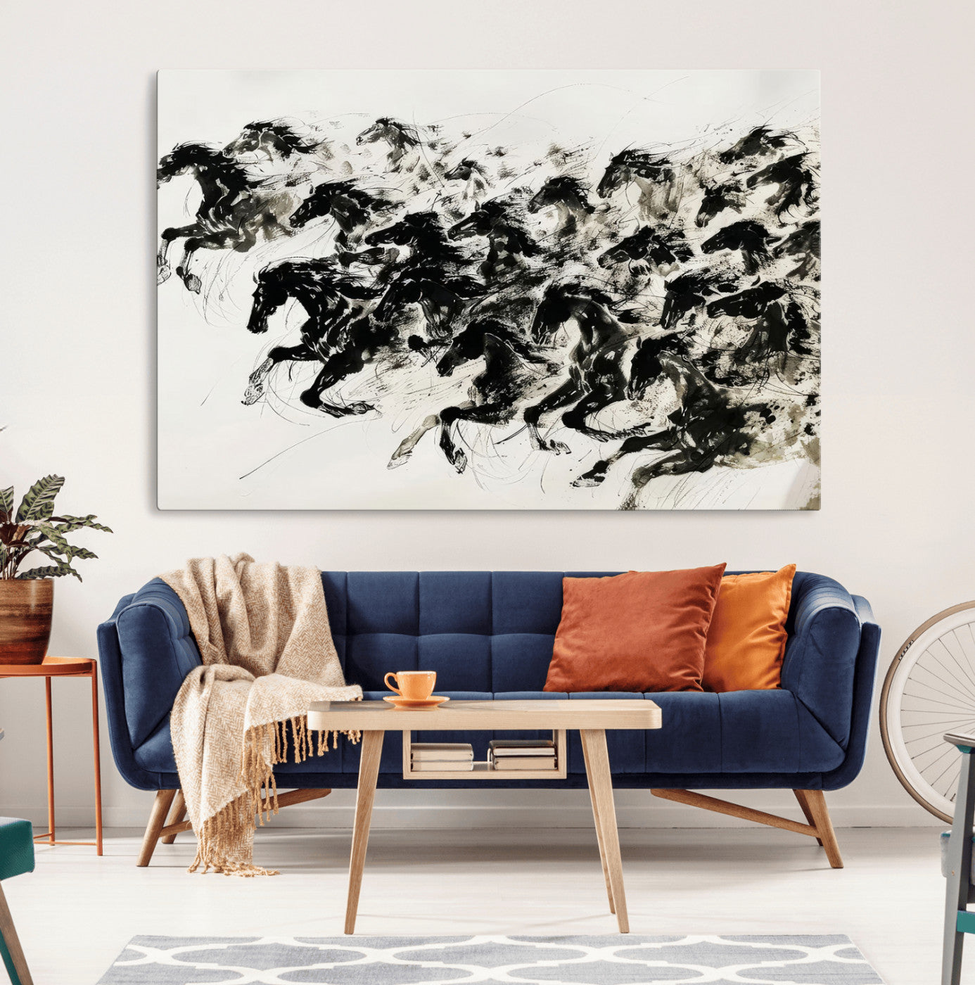 23069-MGV-CV-36X24-Galloping Horses Wall Art – Black Ink Painting on Canvas, Dynamic Equestrian Artwork with Running Stallions, Expressive Modern