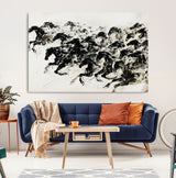 23069-MGV-CV-36X24-Galloping Horses Wall Art – Black Ink Painting on Canvas, Dynamic Equestrian Artwork with Running Stallions, Expressive Modern