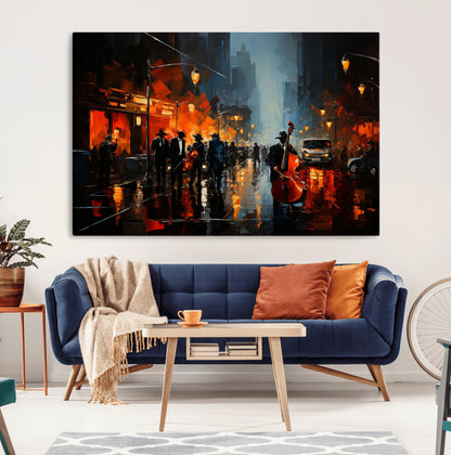 32816-MGV-CV-36X24-City Jazz Night Wall Art – Modern Abstract Urban Street Scene Canvas Print, Moody Music-Themed Decor for Living Room, Office, or