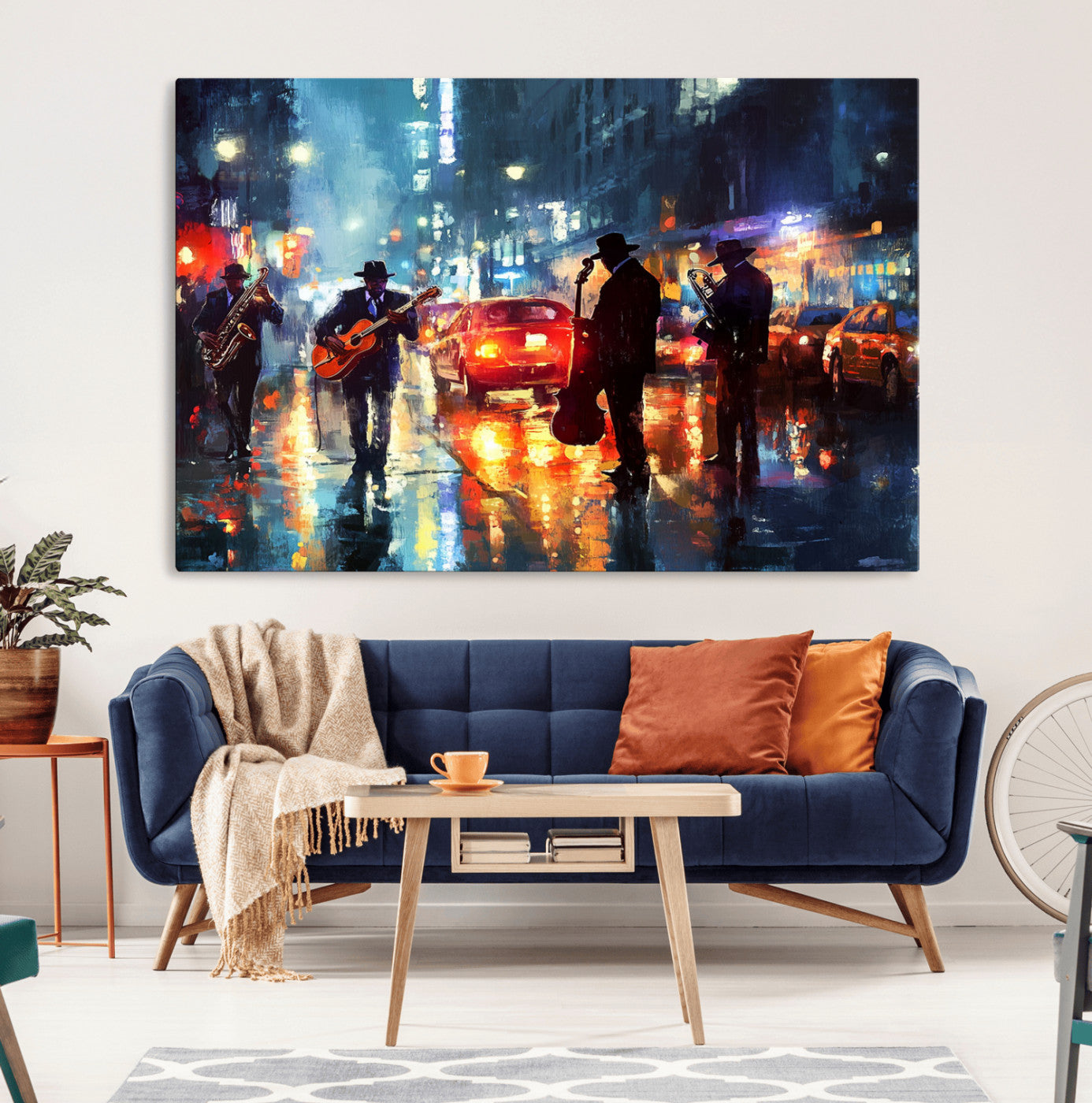 94605-MGV-CV-36X24-City Jazz Night Wall Art – Vibrant Music Canvas Print Featuring Saxophone, Guitar and Bass Players, Urban Street Scene Artwork for
