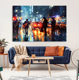 94605-MGV-CV-36X24-City Jazz Night Wall Art – Vibrant Music Canvas Print Featuring Saxophone, Guitar and Bass Players, Urban Street Scene Artwork for