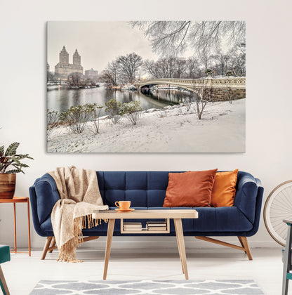60292-MGV-CV-36X24-Central Park Winter Wall Art – Snowy Bow Bridge Canvas Print, Scenic New York City Landscape Photography for Living Room, Bedroom