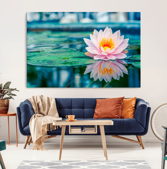 65933-MGV-CV-36X24-Pink Water Lily Wall Art – Lotus Flower Canvas Print with Reflection on Calm Water, Peaceful Botanical Artwork for Living Room,