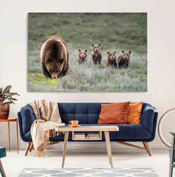 65087B-MGV-CV-36X24-Bear Family Wall Art – Wildlife Canvas Print Featuring Mother Bear with Cubs in Nature, Rustic Animal Artwork for Living Room,