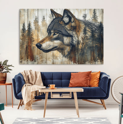 91882-MGV-CV-36X24-Wolf Wall Art – Rustic Canvas Print of Forest Wolf on Wood Background, Wildlife Lodge Artwork for Living Room, Bedroom, Cabin, or
