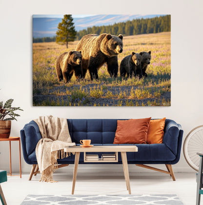 43400-MGV-CV-36X24-Bear Family Wall Art – Wildlife Canvas Print of Mother Bear with Cubs in Sunlit Meadow, Rustic Animal Artwork for Living Room,