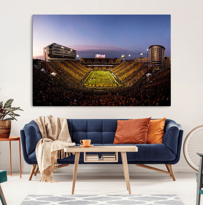 82557-MGV-CV-36X24-College Football Stadium Wall Art – Panoramic Sunset Canvas Print with Marching Band and Game Day Crowd, Sports Artwork for Man