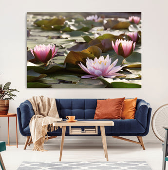 28394-MGV-CV-36X24-Water Lily Pond Wall Art – Pink Lotus Flowers Canvas Print with Green Lily Pads, Peaceful Botanical Artwork for Living Room,