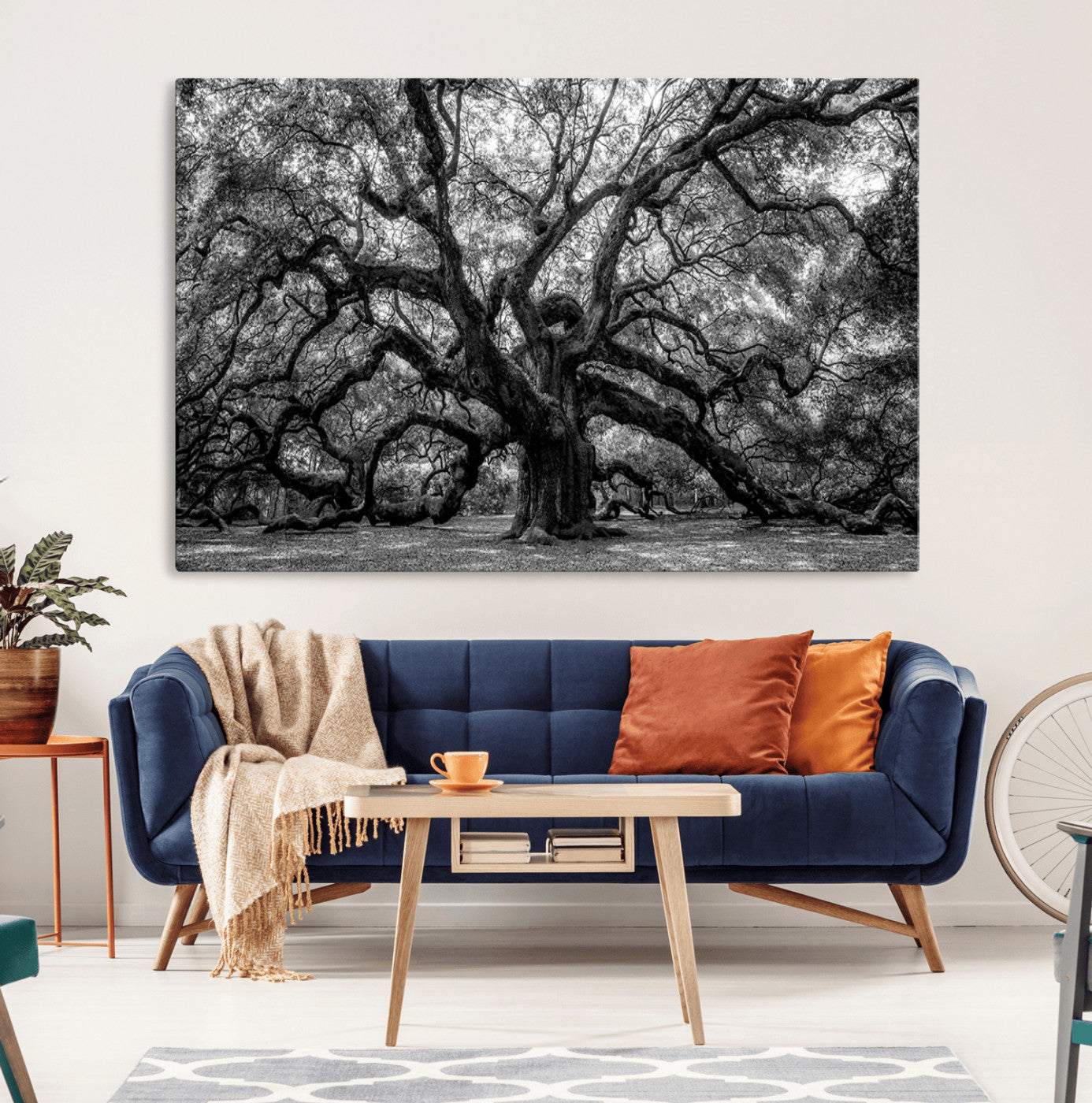 132944706-MGV-CV-36X24-Ancient Tree Wall Art – Black and White Photography Canvas Print Featuring Majestic Twisting Branches, Rustic Nature Artwork for