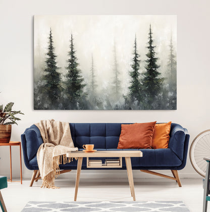 33241-MGV-CV-36X24-Misty Forest Wall Art Canvas Print, Framed Foggy Pines Art Picture Print, Forest Haze Perfect Rustic Minimalist Decor Artwork