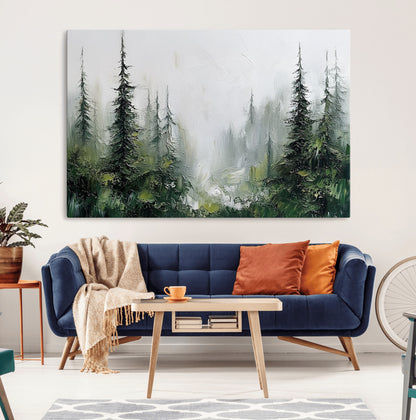 76014-MGV-CV-36X24-Forest Wall Art – Textured Canvas Print Featuring Misty Evergreen Pines and Woodland Landscape, Rustic Nature Artwork for Living