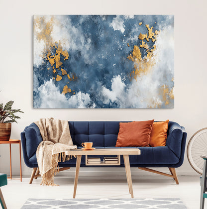 39575-MGV-CV-36X24-Blue and Gold Abstract Wall Art – Modern Canvas Print Featuring Cloudy Textures with Metallic Accents, Contemporary Artwork for